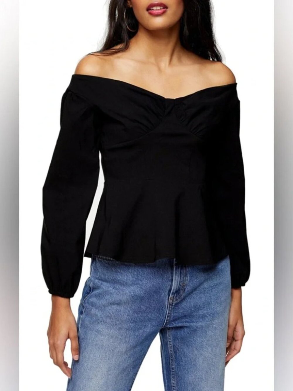 Topshop Black Bardot Off-Shoulder Sweetheart Peplum Blouse Size 8 Evening Chic